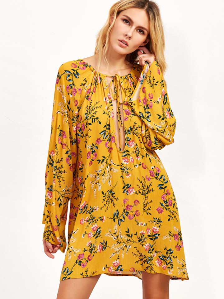 Shein Yellow Flower Print Tie Detail Shift Dress