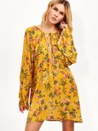 Shein Yellow Flower Print Tie Detail Shift Dress