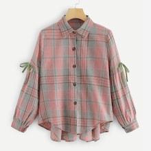 Shein Tie Detail Curved Hem Plaid Blouse