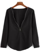 Shein Black Deep V Neck Zipper Loose Blouse
