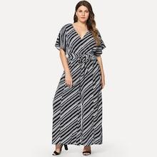 Shein Plus Waist Belted V-neck Striped Jumpsuit