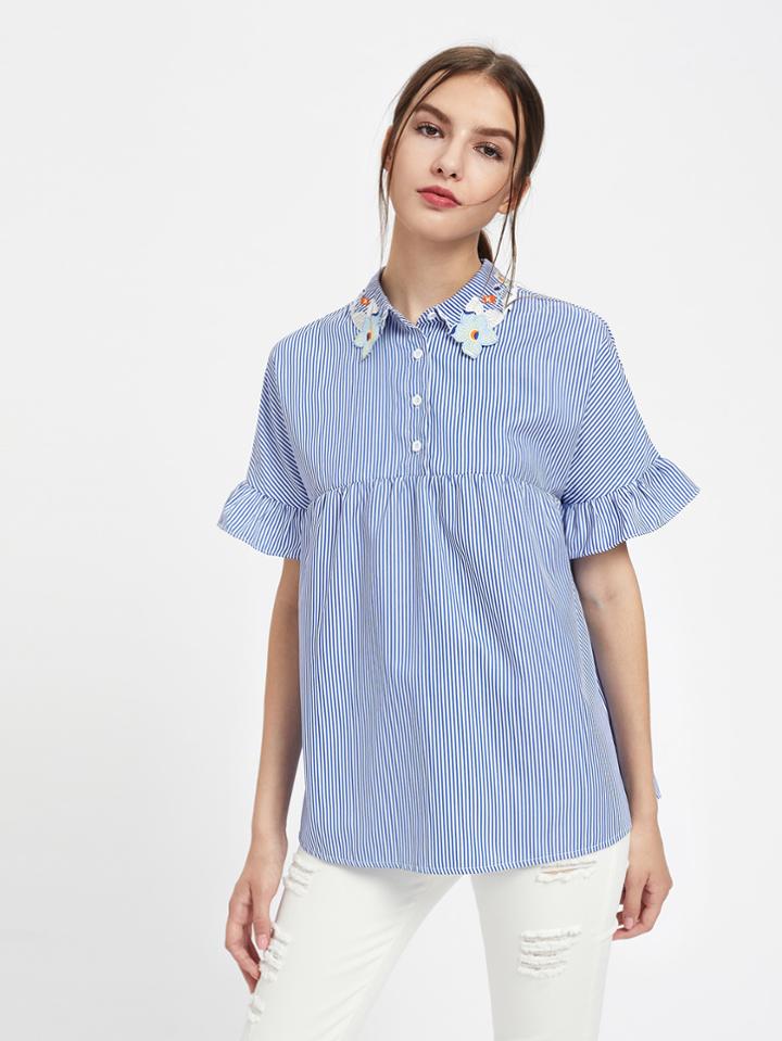 Shein Embroidered Collar Half Placket Ruffle Sleeve Smock Blouse