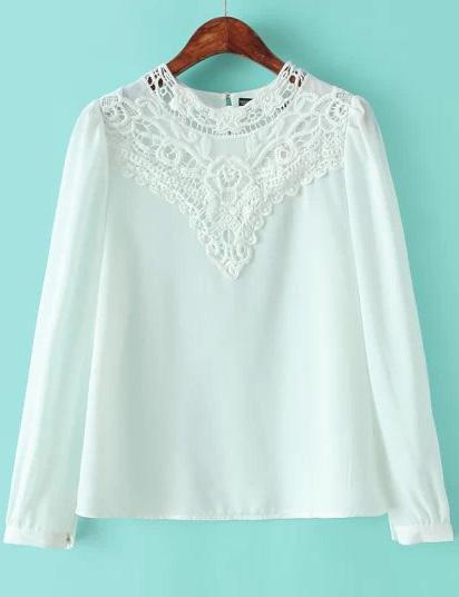 Shein White Long Sleeve Hollow Lace Blouse