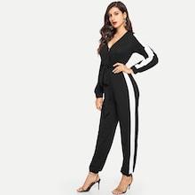 Shein Surplice Neck Self Belted Colorblock Jumpsuit