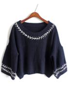 Shein Navy Lantern Sleeve Embroidered Crop Sweater