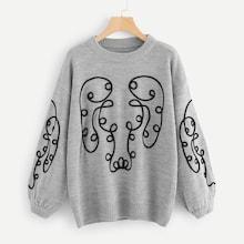 Shein Bishop Sleeve Applique Dropped Shoulder Jumper