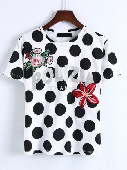 Shein Polka Dot Flower Embroidery Tee