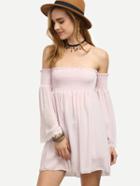 Shein Pink Shirred Off The Shoulder Lace Trimmed Dress