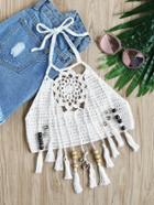 Shein Beaded Tassel Trim Flower Crochet Halter Top