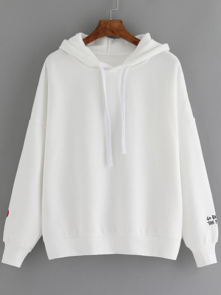 Shein White Hooded Long Sleeve Zipper Loose Sweatshirt