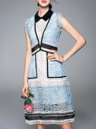 Shein Blue Lapel Crochet Hollow Out A-line Dress