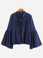 Shein Navy Deep V Neck Lace Up Bell Sleeve Blouse