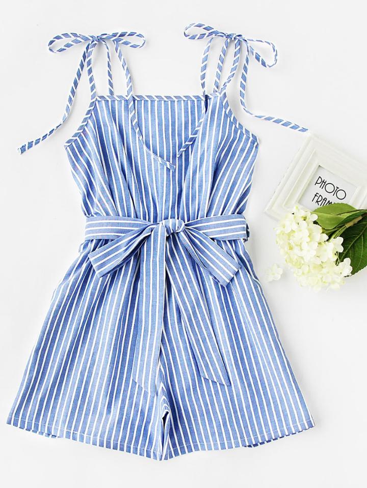 Shein Vertical Striped Tie-strap Romper With Belt