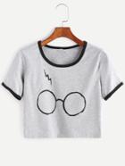Shein Heather Grey Contrast Trim Glasses Print T-shirt