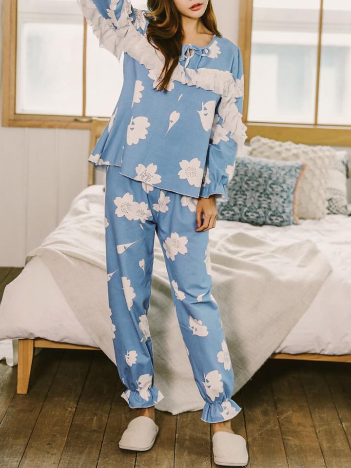Shein Contrast Mesh Frill Trim Top & Pants Pj Set