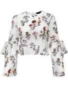 Shein White Floral Bow Tie Key-hole Back Blouse