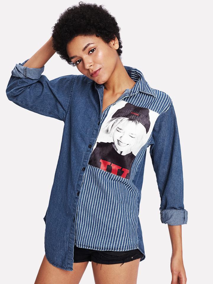 Shein Figure & Stripe Asymmetric Hem Denim Jacket