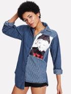 Shein Figure & Stripe Asymmetric Hem Denim Jacket