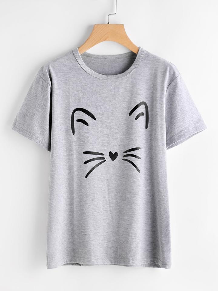 Shein Cat Print Heathered Knit Tee