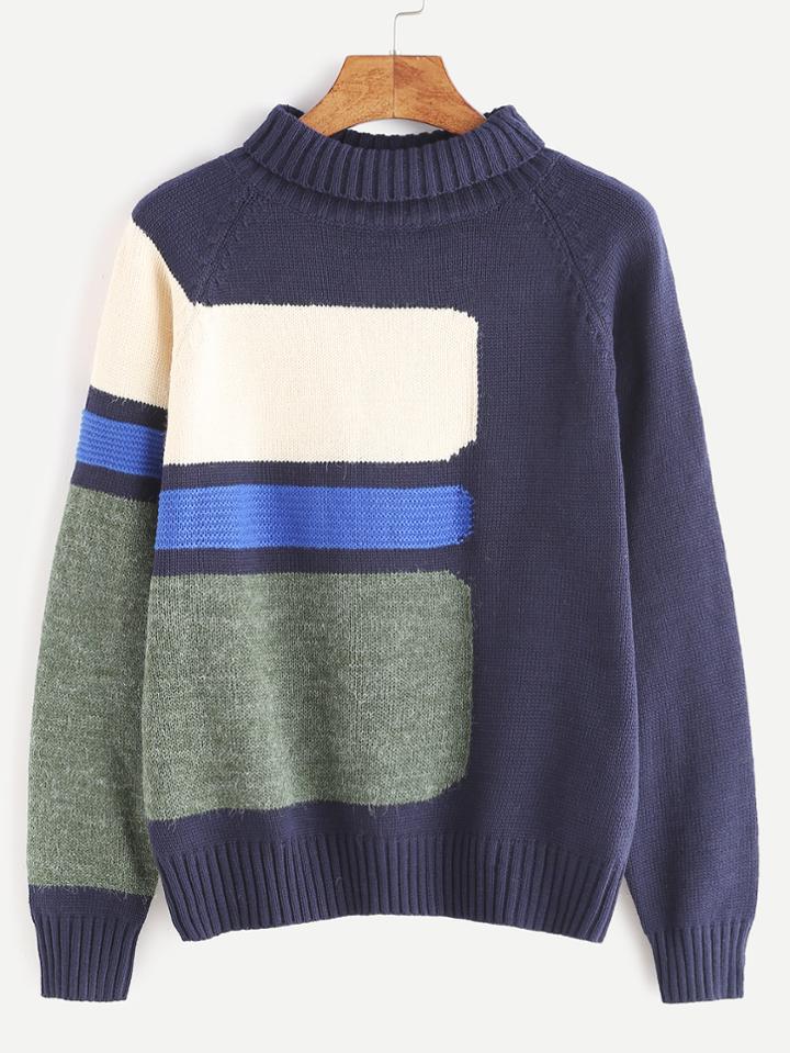 Shein Color Block Turtleneck Raglan Sleeve Sweater