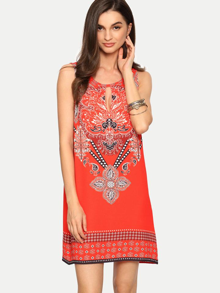 Shein Red Sleeveless Print Hollow Shift Dress