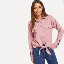 Shein Button Decoration Knot Hem Blouse