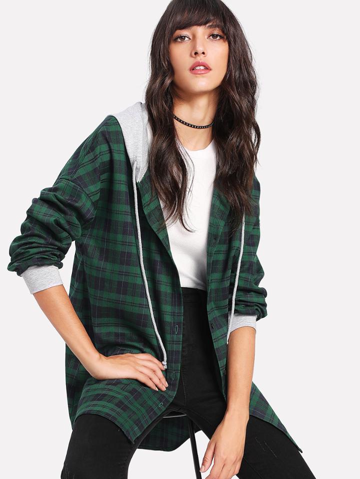 Shein Curved Dip Hem 2 In 1 Plaid Hoodie Coat