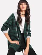 Shein Curved Dip Hem 2 In 1 Plaid Hoodie Coat