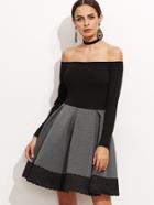 Shein Contrast Bardot Box Pleated Lace Trim Skater Dress