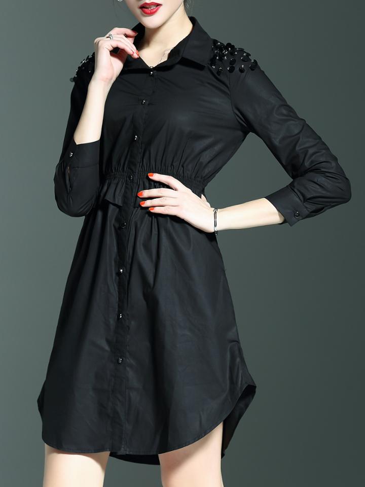 Shein Black Lapel Beading Peplum Shift Dress