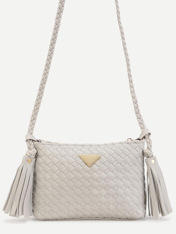 Shein Light Grey Woven Pu Tassel Trim Crossbody Bag