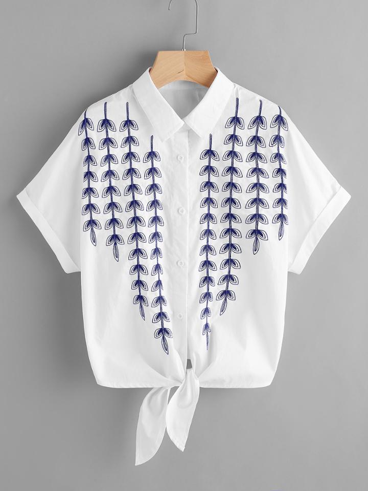 Shein Vine Embroidered Cuffed Sleeve Tie Front Blouse