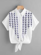 Shein Vine Embroidered Cuffed Sleeve Tie Front Blouse