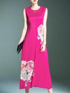 Shein Hot Pink Pleated Elastic Flowers Print Dresss