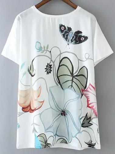 Shein White Short Sleeve Floral Butterfly Print T-shirt