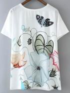 Shein White Short Sleeve Floral Butterfly Print T-shirt
