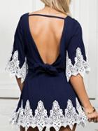 Shein Navy Elbow Sleeve Contrast Lace Open Back Dress