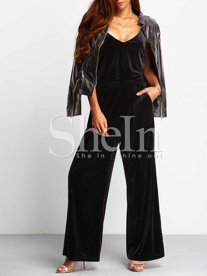 Shein Spaghetti Strap Keyhole Back Pockets Velvet Jumpsuit