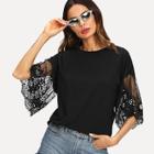 Shein Flare Sleeve Lace Contrast Top