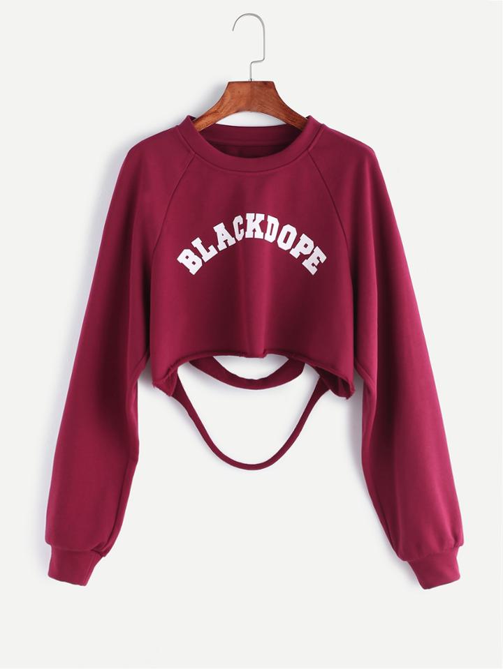 Shein Letter Print Ripped Back Raw Hem Raglan Sleeve Crop Sweatshirt