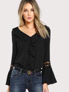 Shein Ruffle Neck Lace Insert Pleated Cuff Top