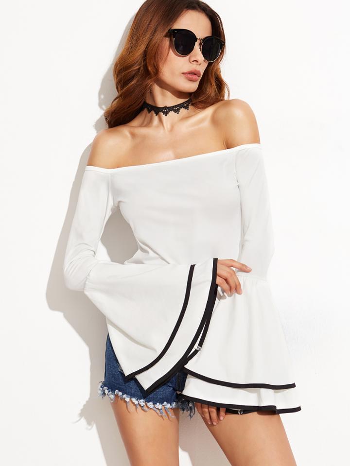 Shein Contrast Binding Bell Sleeve Bardot Top