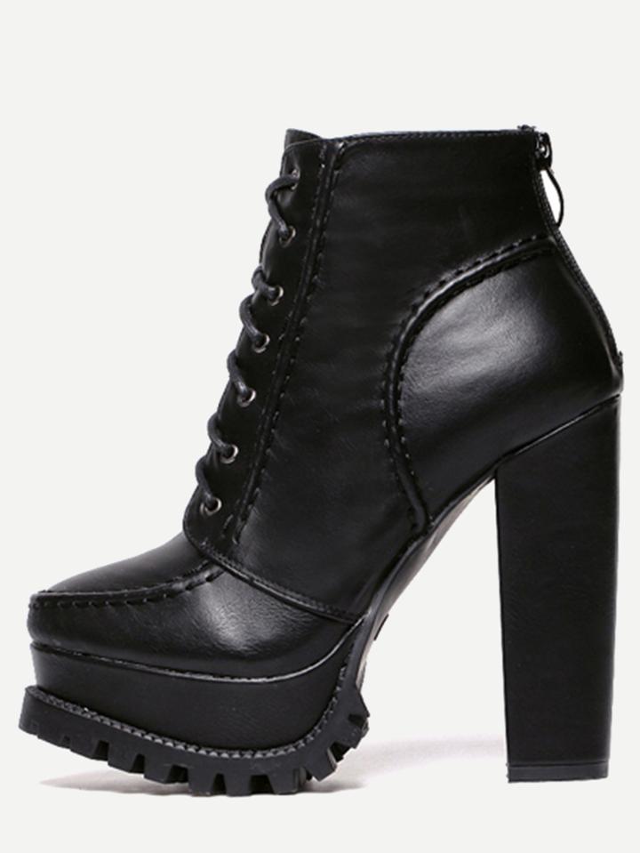 Shein Black Faux Leather Lace Up Back Zipper Boots