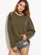 Shein Olive Green Drop Shoulder Cutout Back Distressed Sweatshirt
