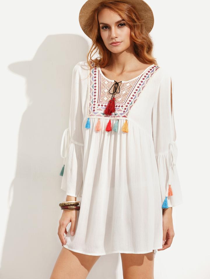Shein White Embroidered Tassel Tie Split Sleeve Dress