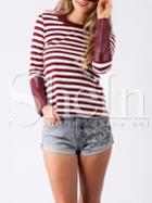 Shein Burgundy Striped Pu Leather Cuff T-shirt