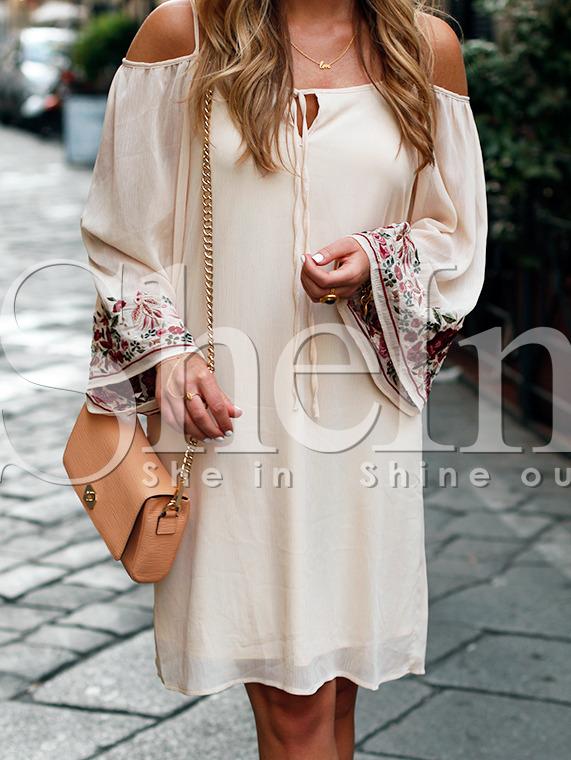 Shein Apricot Long Sleeve Off The Shoulder Embroidered Dress