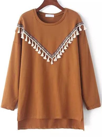 Shein Khaki Round Neck Tribal Tassel Dip Hem Sweatshirt