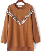 Shein Khaki Round Neck Tribal Tassel Dip Hem Sweatshirt