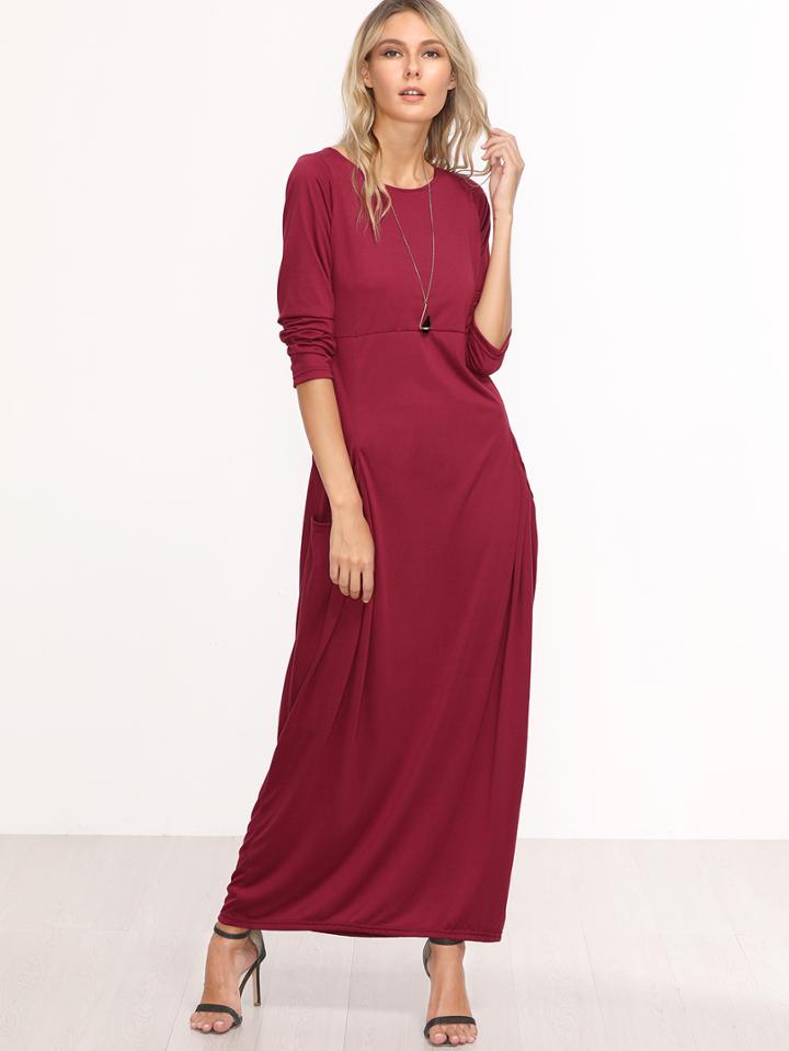 Shein Burgundy Long Sleeve Maxi Dress With Pockets